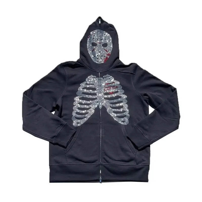 Full Zip up Skeleton Hoodie Y2K Men Rhinestones Skull Hoodies Mens Streetwear Goth Sweatshirt Oversized Clothing Stranger Things