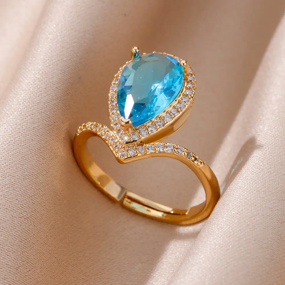 

Bule Zircon Water Drop Rings For Women Gold Plated Stainless Steel Waterdrop Adjustable Ring Wedding Aesthetic Jewelry Gift Bff