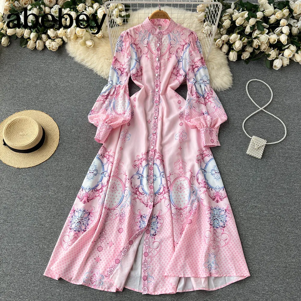 

Женское платье-макси с цветочным принтом, демисезонное платье с воротником-стойкой и длинным рукавом-фонариком, праздничное платье с разре...