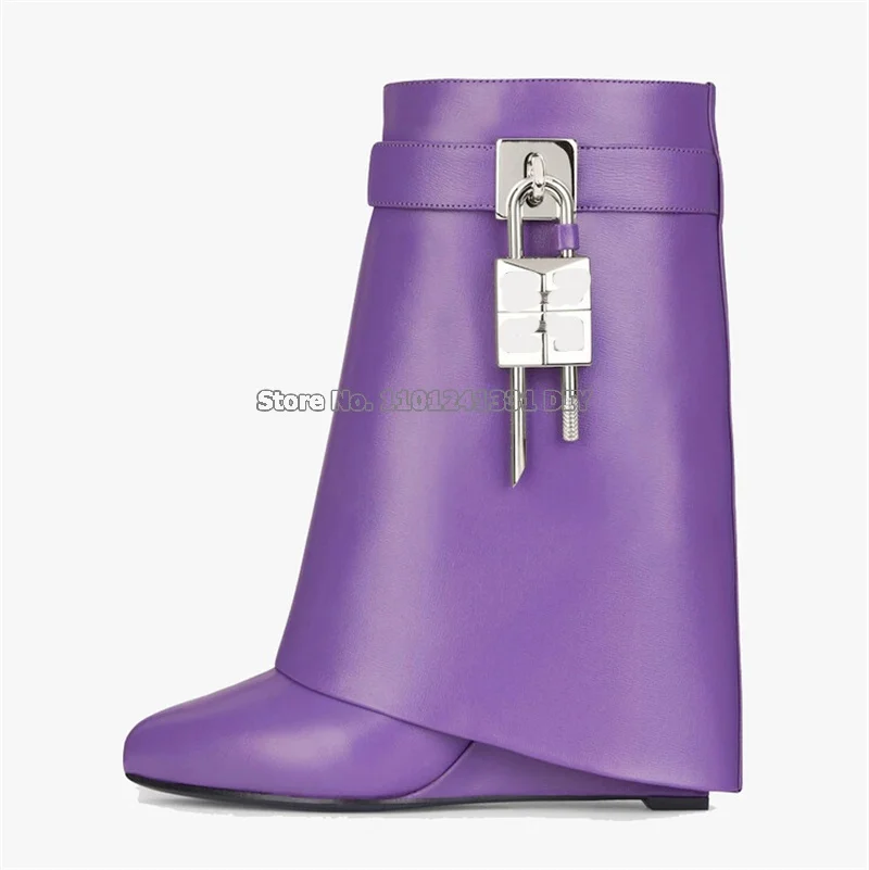 Padlock Real Leather Wedge Heeled Short Boots Ladies Height Increased High Heel Autumn Winter Short Boots Plus Siz