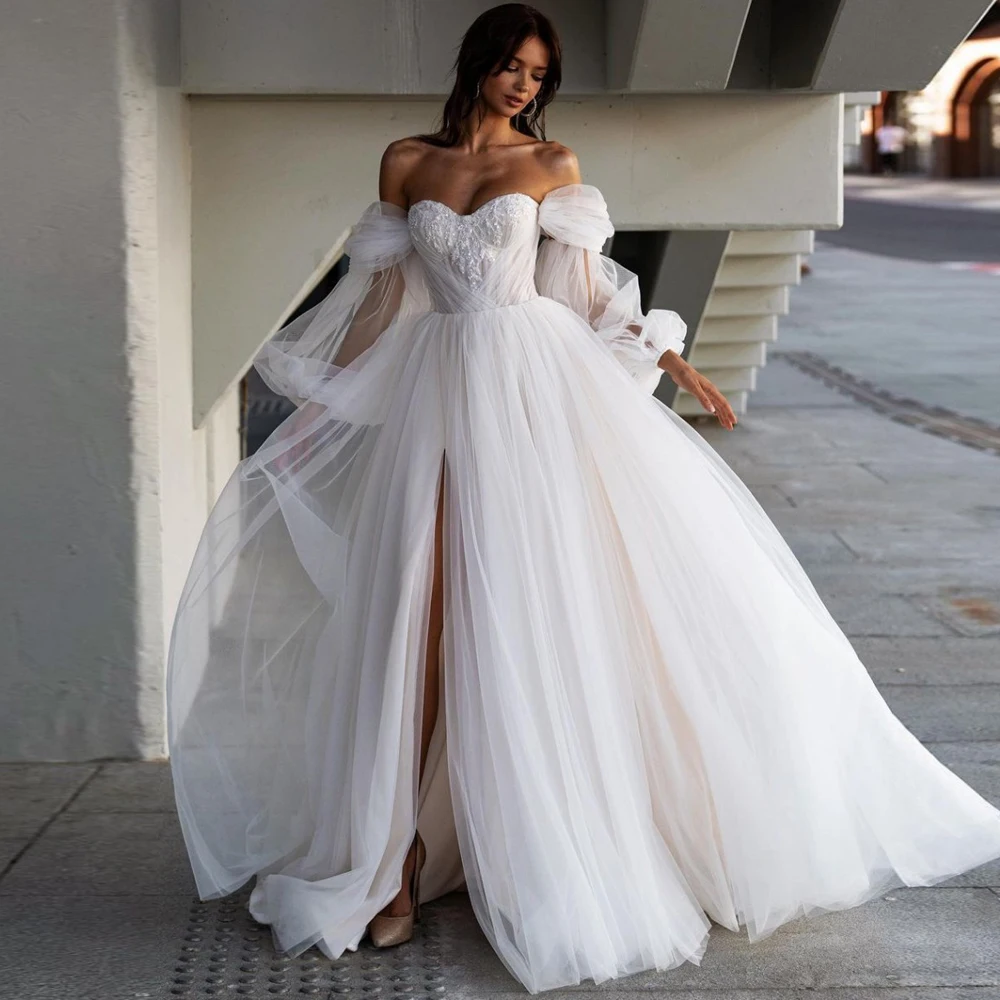 

Off Shoulder White A-line Tulle Dress Floor Length Applique Wedding Dresses See Through Long Sleeve Woman Clothes For Bridal