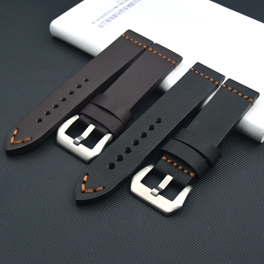 

22mm 24mm 26mm Quality Genuine Leather Watchband Wristband For PAM Panerai Steel Buckle Watchband Wrist Strap Thick Black Brown