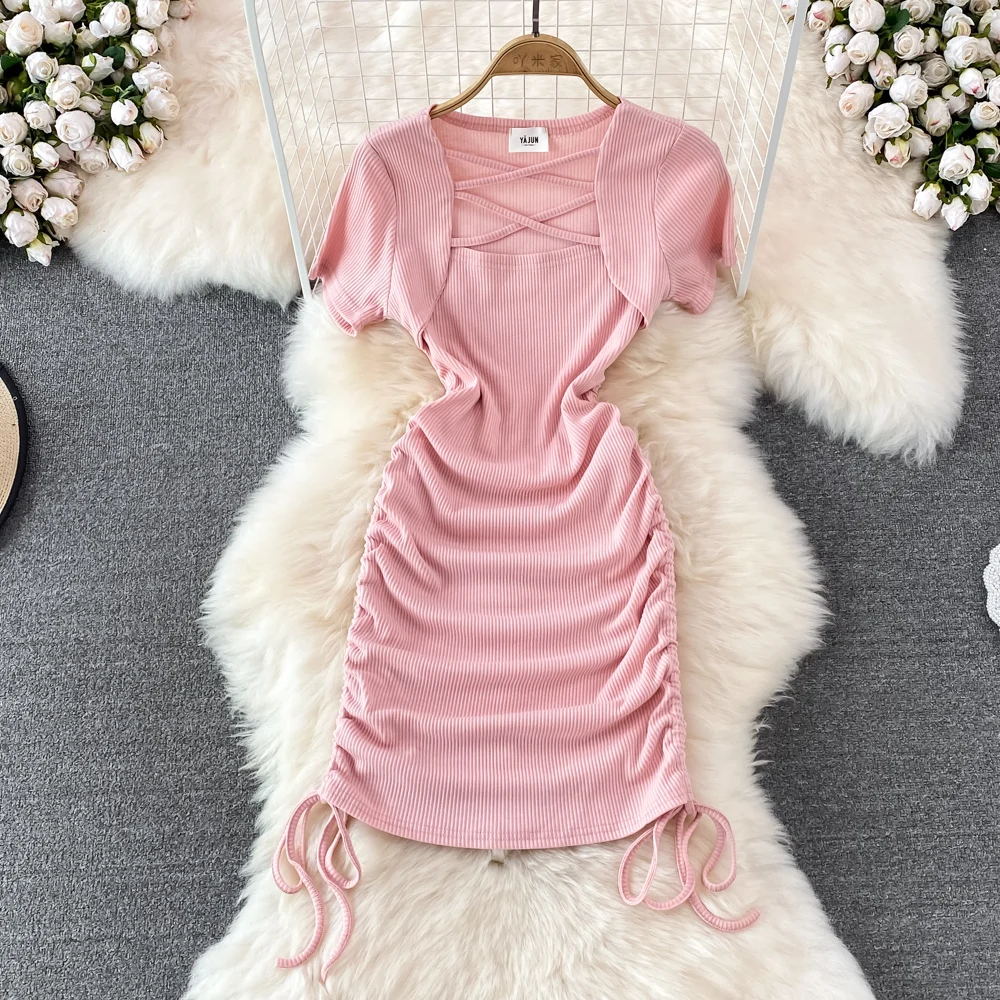

Chic Drawstring Bodycon Dress Hollow Vintage Dresses Elegant Boho Korean Fashion Vestidos knit gothic Robe Women Clothes y2k