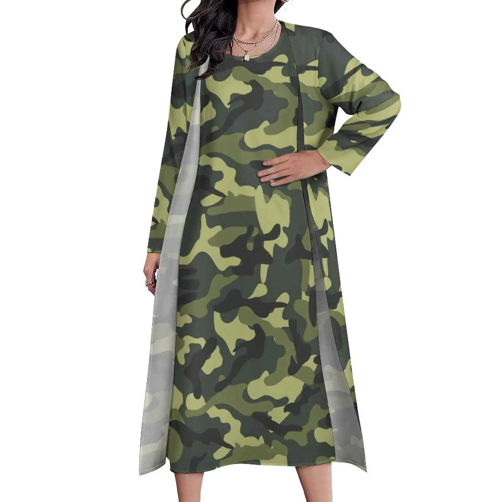 

Green Army Camo Dress Two Piece Camouflage Design Pattern Street Wear Casual Long Dresses Ladies Kawaii Maxi Dress Gift