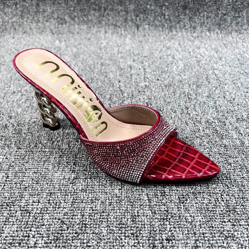 2023 Summer New Women's Slippers Sexy Luxury Pointed Rhinestone Colored High Heel Slippers Wedding Bridal Party Large Size Shoes