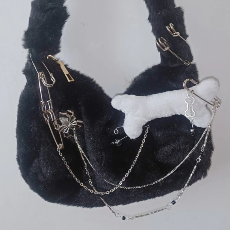 Xiuya Y2k Gothic Shoulder Bag Black Bone Spider Chain Soft Plush Handbag American Style Punk Cool Fasnion Designer Underarm Bag