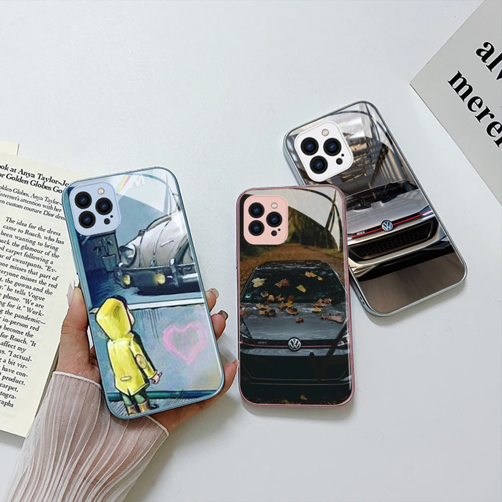 

Luxury Hot Sports Car v-volkswagen Metallic-Color Phone Case For iPhone 14 13 12 Mini 11 Pro Max X XS XR Plus Glass Hard Cover