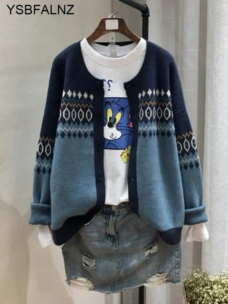 

2022 Spring Autumn Fashion Retro O Neck Knitted Cardigan Womens Loose Long Sleeve Sweater Top Chompas Para Mujer