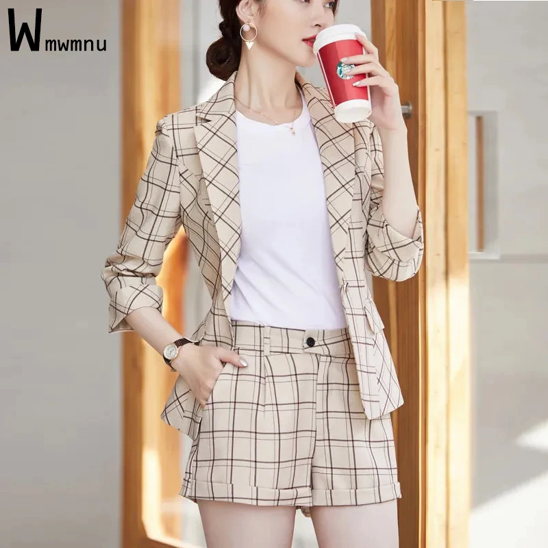 

Женский брючный костюм-тройка, клетчатый облегающий костюм цвета хаки из трех предметов, шорты с одной пуговицей и шорты с высокой талией, н...