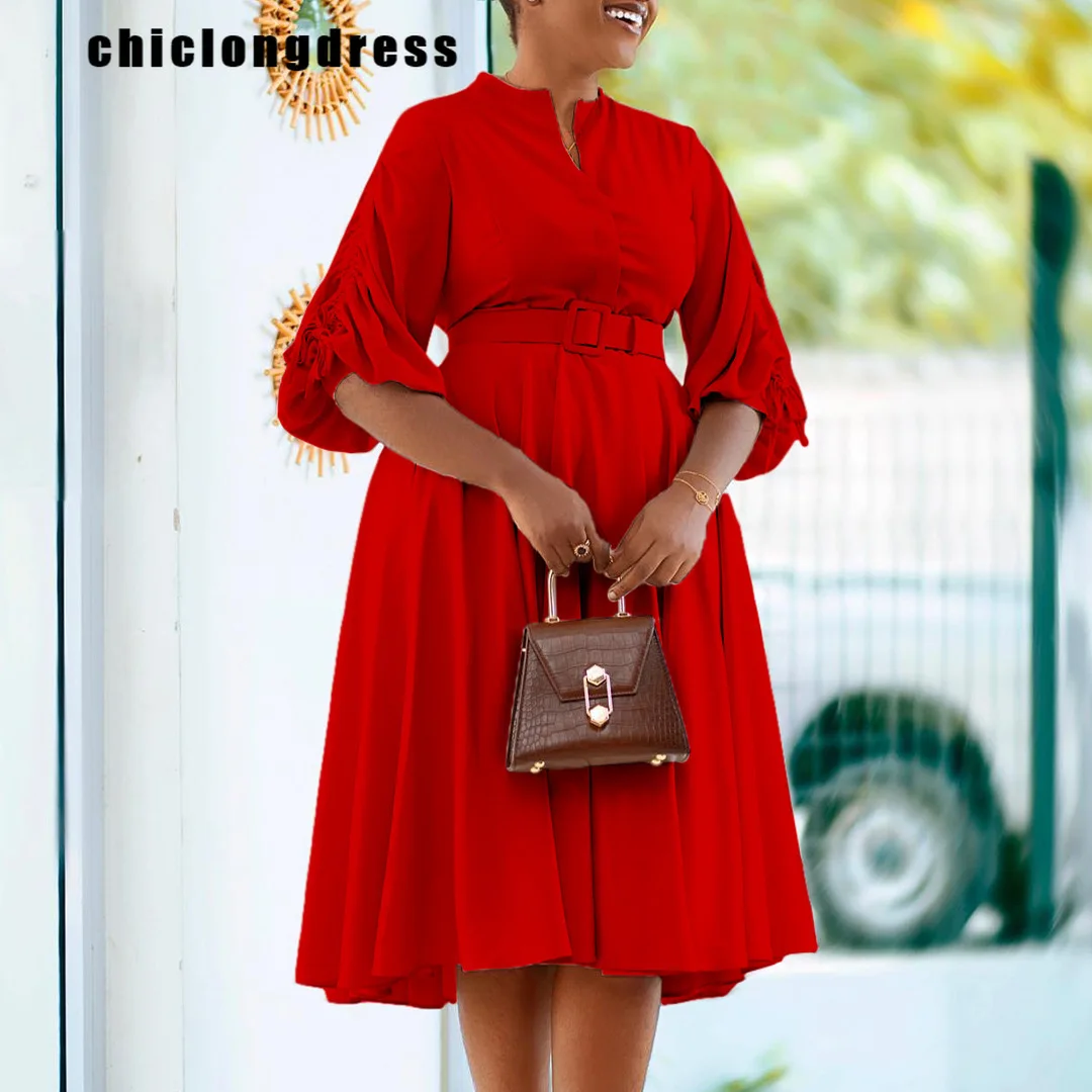 

Платье-трапеция женское однотонное с V-образным вырезом и рукавами-фонариками