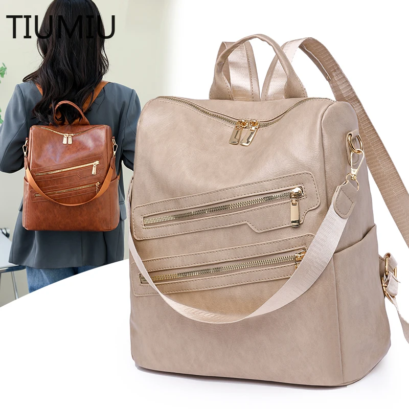 

Soft Leather Women Backpacks High Quality Vintage School Bags for Teenagers Solid Color Casual Ladies Backpacks Sac A Dos Femme