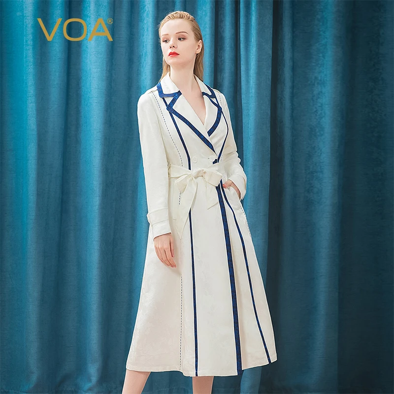 

VOA 38 M/m Heavyweight Silk Office Ladies White Trench Coat Turn-down Collar Double Breasted with Belt Slim Vintage Jackets F561