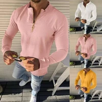40hot men shirt solid color zipper decoration stand collar loose spring t shirt for daily wear