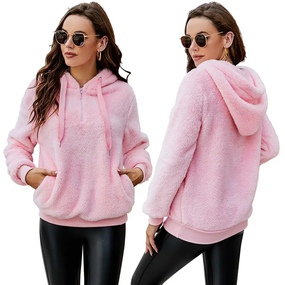 

Ladies Winter Casual Wearing Outwearing Pullover Women Warm Plain Drawstring Hooded Pockets Loose Clothes Tops Wear