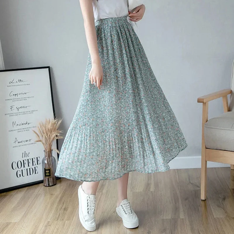 

Rimocy 2022 Summer Chiffon Floral Print Skirt Women Elastic High Waist Midi Skirts Woman Casual Loose Beach Long Skirt Ladies