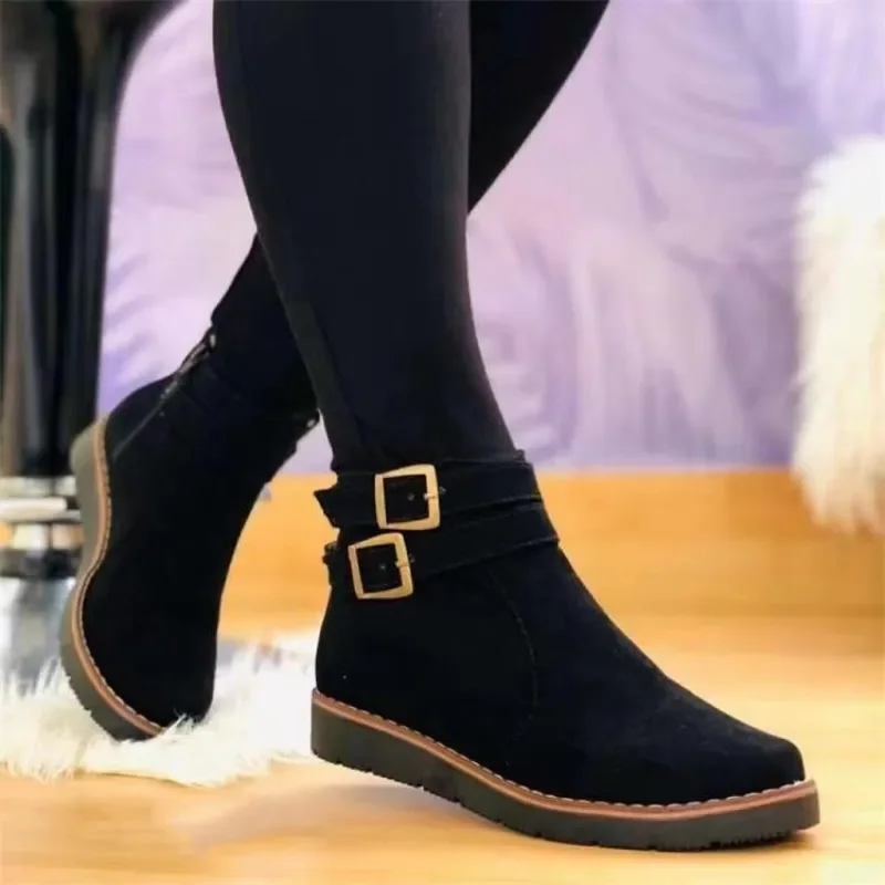 

2023 Winter Women Snow New Flock Fur Women's Suede Ankle Boots Flat Ladies Warm Shoes