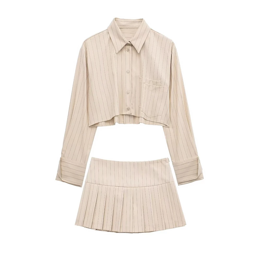 

PB&ZA Fashion Woman Blouses 2023 Spring/summer Striped Long Sleeve Crop Top And Mini Pleated Skirt Office Lady Outifit 3067001