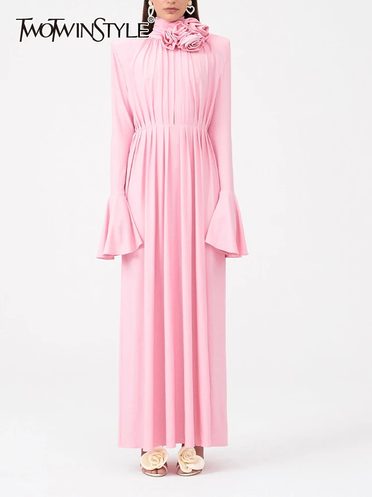 

TWOTWINSTYLE Spliced Floral Plested Dresses For Women Half High Collar Flare Sleeve High Waist Thigh Split Solid Dress Female