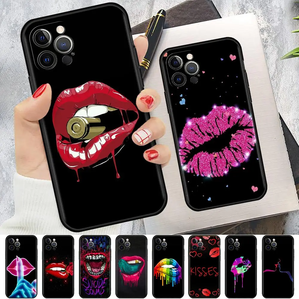 

Lipstick Red Lips Silicone Cover for iPhone 11 13 14 Pro Max 7 Plus 8 12 Mini X XS XR 6 6S 5 5S SE Black Soft Phone Case