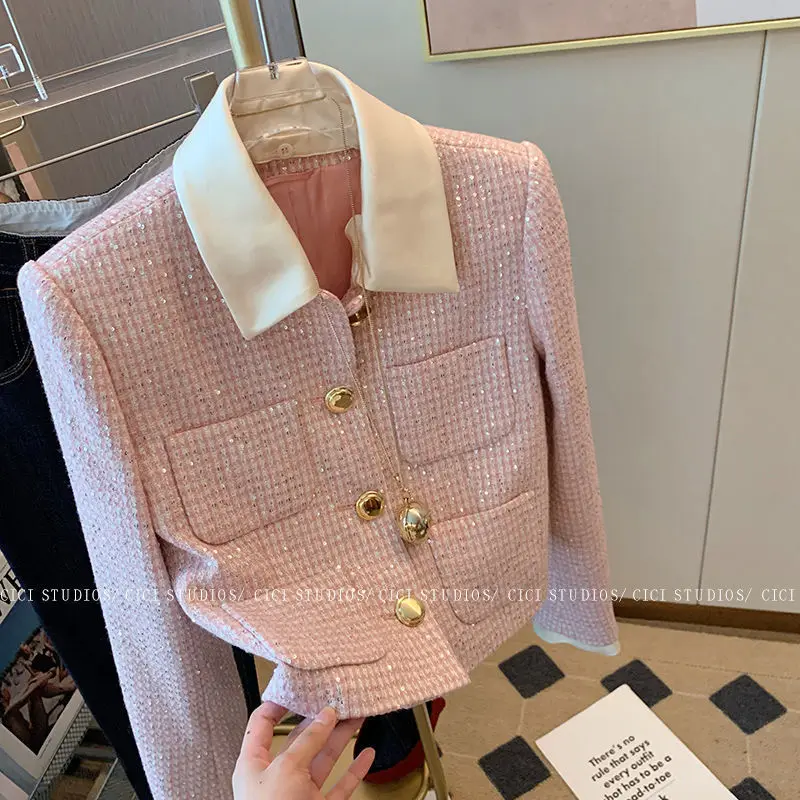 

High Quality Vintage Tweed Short Jacket Coat Autumn Women Turn- Down Collar Casual Single-Breasted Office Lady Outwear B114