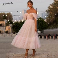 charming pink sweetheart off the shoulder dot net party prom gowns 2022 a line backless tea length fairy summer evening dresses