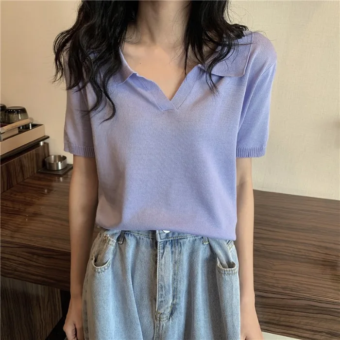 

2022 Summer Solid Color T-Shirt Casual Lapel Versatile Short Sleeves grey