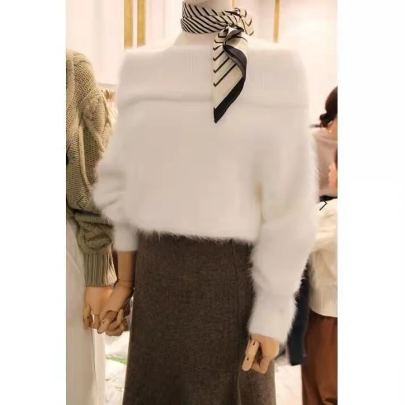 Женский трикотажный свитер с воротником-лодочкой и открытыми плечами, G111