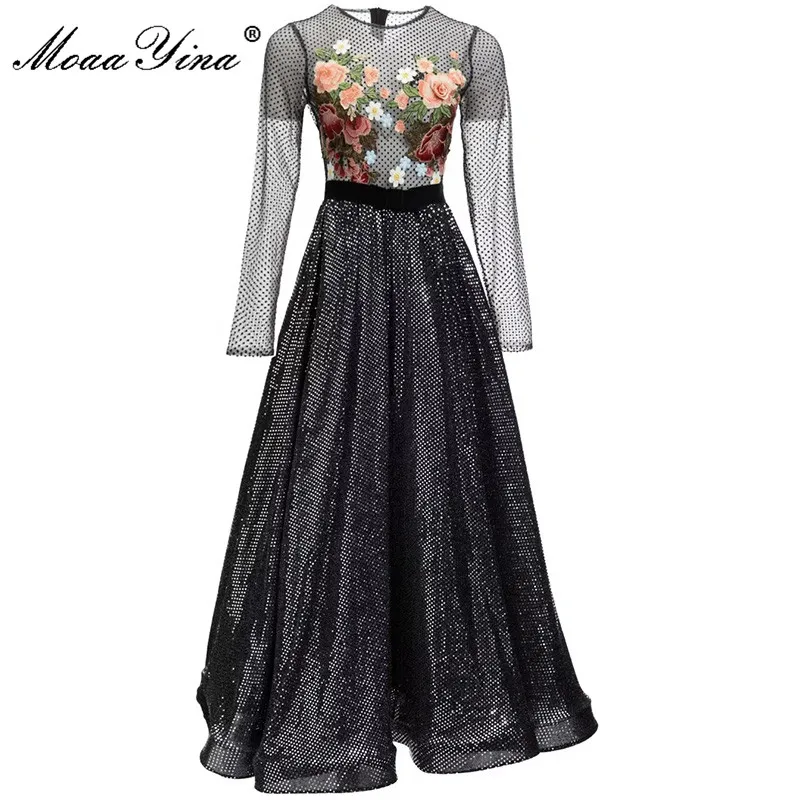 MoaaYina Designer 2023 Summer Fashion Long sleeve polka dot Flower Embroidery Party Dress Black Lady Luxury Glitter Sequin Dress