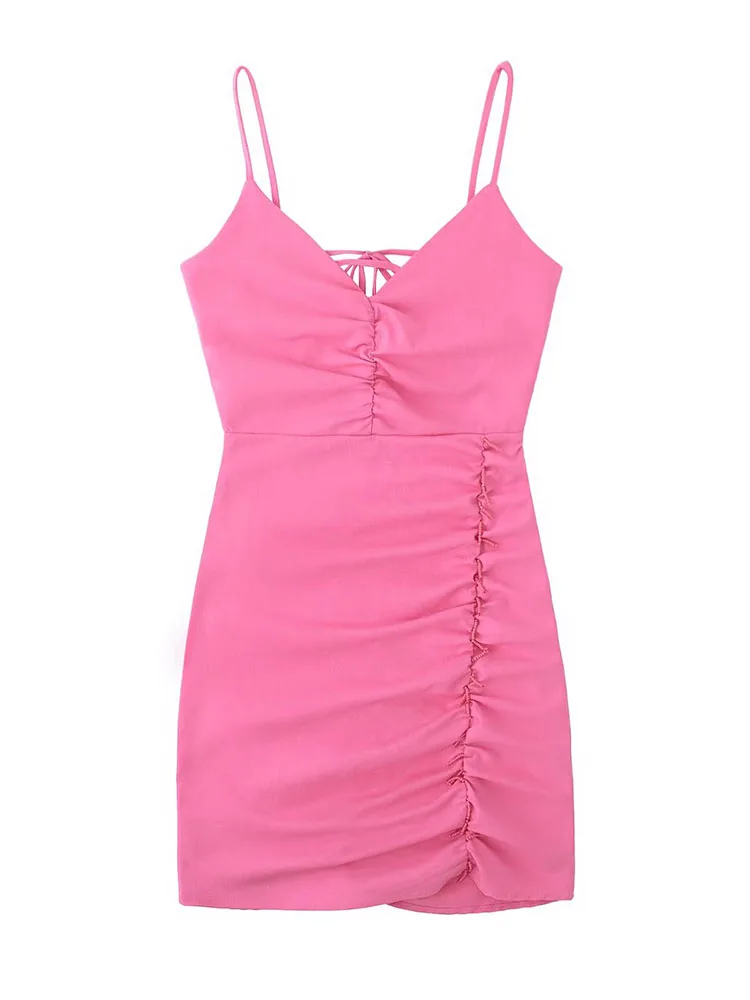 

YLJHQX 2022 Summer Women Fashion Pink Folds Slip Dress Sexy Sleeveless V Neck Backless Lacing Female Slim Short Dresses