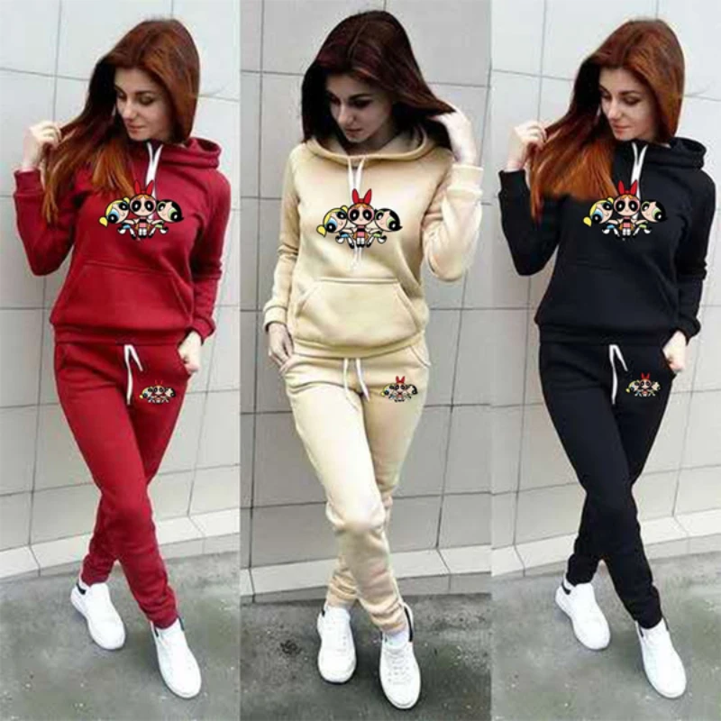 

2023 Hot Women Men P-Powerpuffs Girls Hoodie Set Sportwear Suit Sweatshirt and Pants 2 Pcs Set Splice Tracksuits Sweatpants