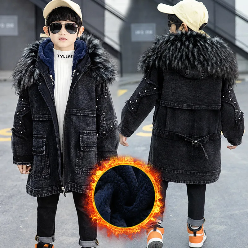 Fashion Boys Clothes Winter Thick Warm Tops with Large Fur Collar Kid Clothes for Teens Removable Plush Coats Denim Parka 4-12 Y