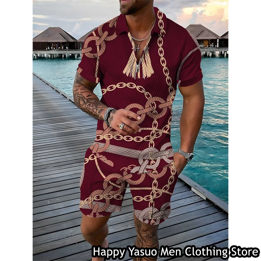 Luxury Chain Polo Set Men Summer Fashion Tracksuit Casual High-End Polo Shirt Shorts Suit Vintage Vacation Outfit Male Clothing
