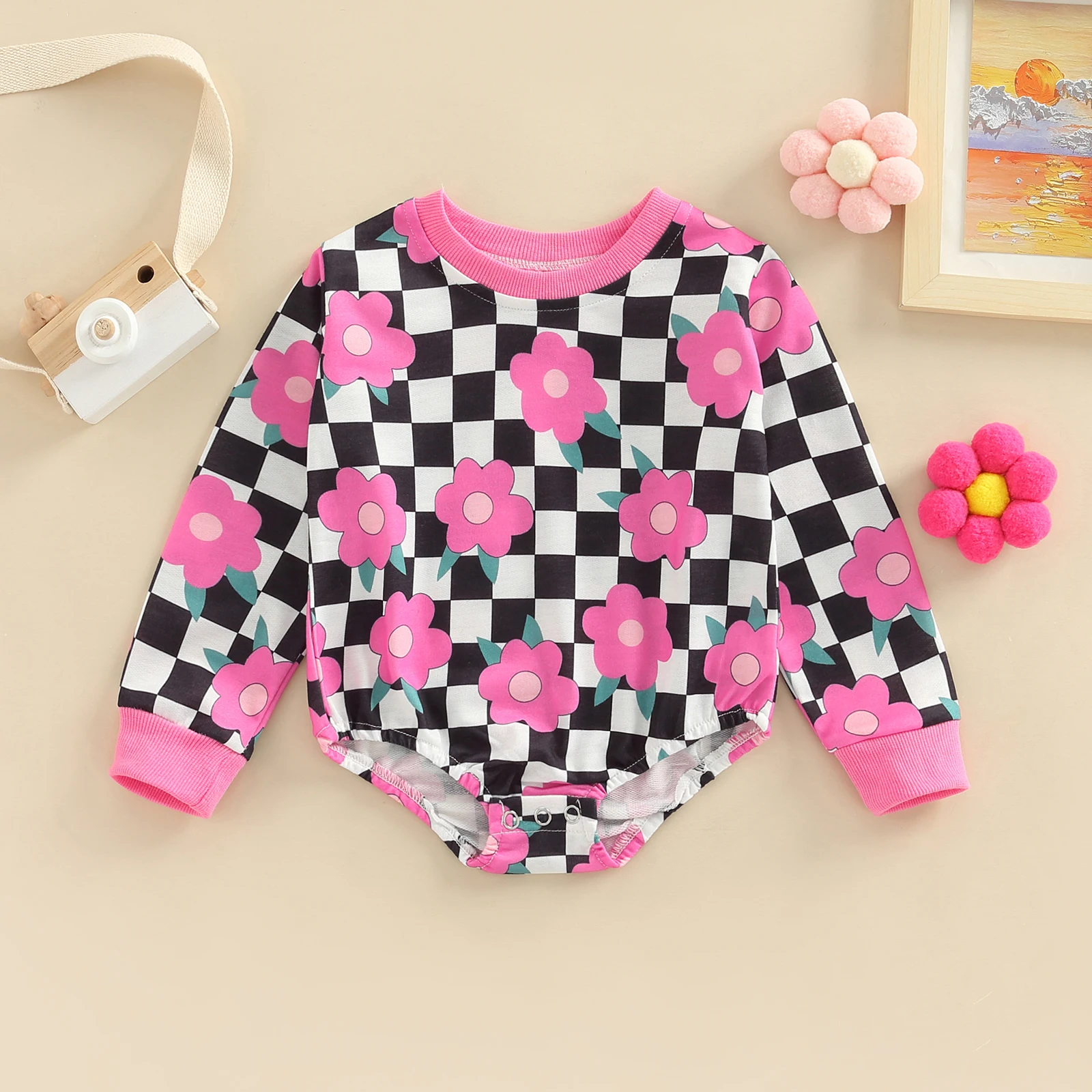 

new born baby items Girls Casual Romper Long Sleeve Checkerboard Flower Printed Jumpsuit Bodysuit bebe fille