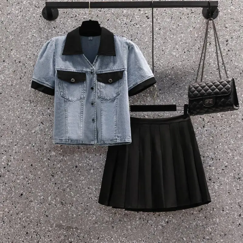 Женский джинсовый костюм y2k рубашка-поло и плиссированная мини-юбка комплект из