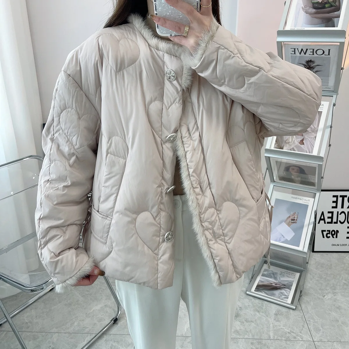 

Mink Fur Tops Women Down Parkas Winter New Down Coat Fashion Short O-neck Thick Vintage Down Jacket Loose Ladies Warm Outerwear