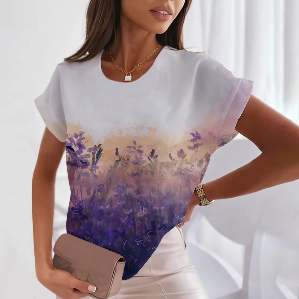 

Женская футболка с круглым вырезом, летняя повседневная свободная футболка с 3D-принтом фиолетовых цветов, базовый топ большого размера, Y2k