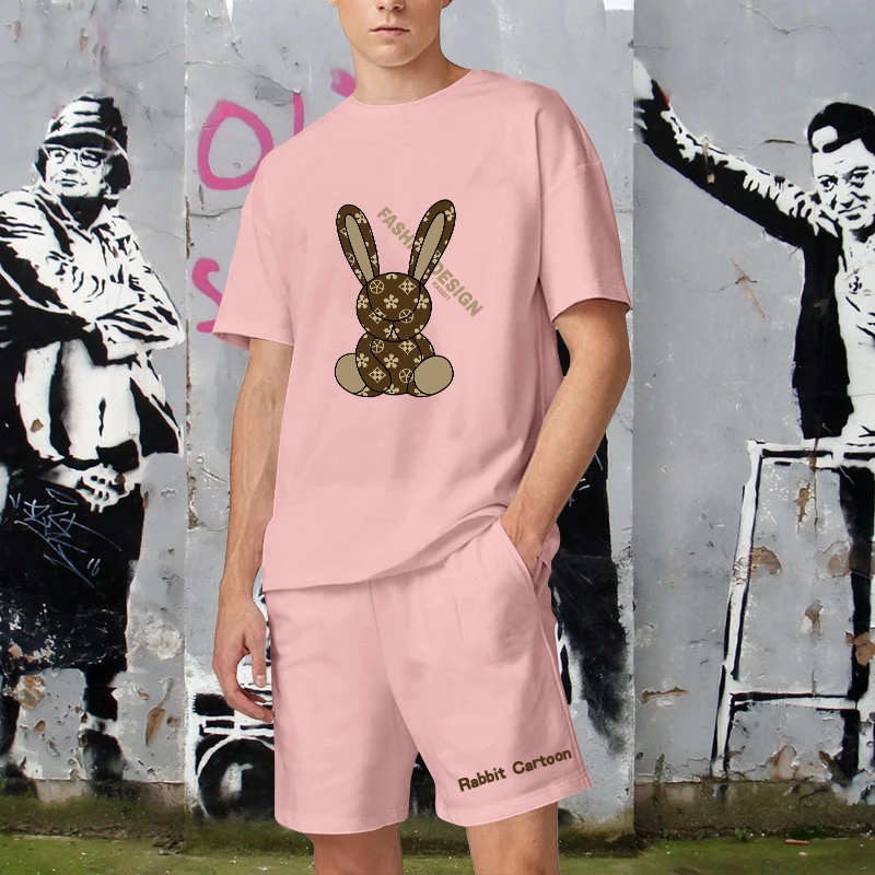 Summer men's casual sportswear fashion rabbit print cotton T-shirt shorts 2-piece set oversized men's sportswear outdoor wear