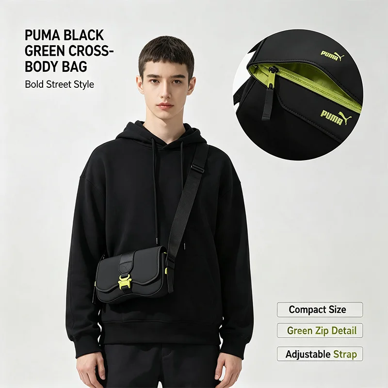 Фото Сумка через плечо Puma черно-зеленого цвета с логотипом, компактная, с регулируемым ремнем, легкая, прочная, спортивная, повседневная, для путешествий №1
