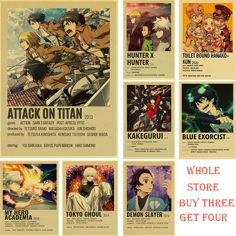 

Anime Collection Retro Posters Kraft Paper Demon Slayer/Death Note/Tokyo Ghoul/Attack on Titan DIY Vintage Room Bar Cafe Decor