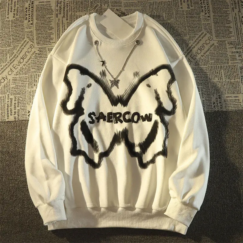 

Retro Butterfly Printing Sweatshirt Women Grunge Y2k Clothes Long Sleeve Pullovers O-neck Korean Loose Oversized Top Female 2022