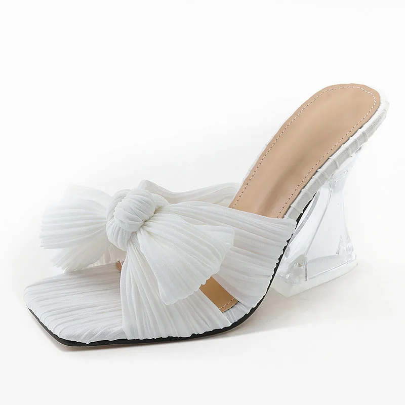

2022 New Arrival Summer Silk Strange styles High-heeled Slippers White Sexy Woman Party Square toe Dress Slides shoes Size 43