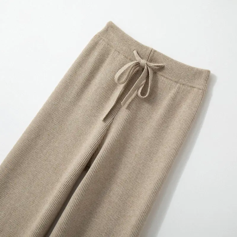 

Autumn Winter Kintted Pants Fashion Female Elastic Waist Casual Straight Pants Knitwear Trousers Women Knitting Wide Leg Pants