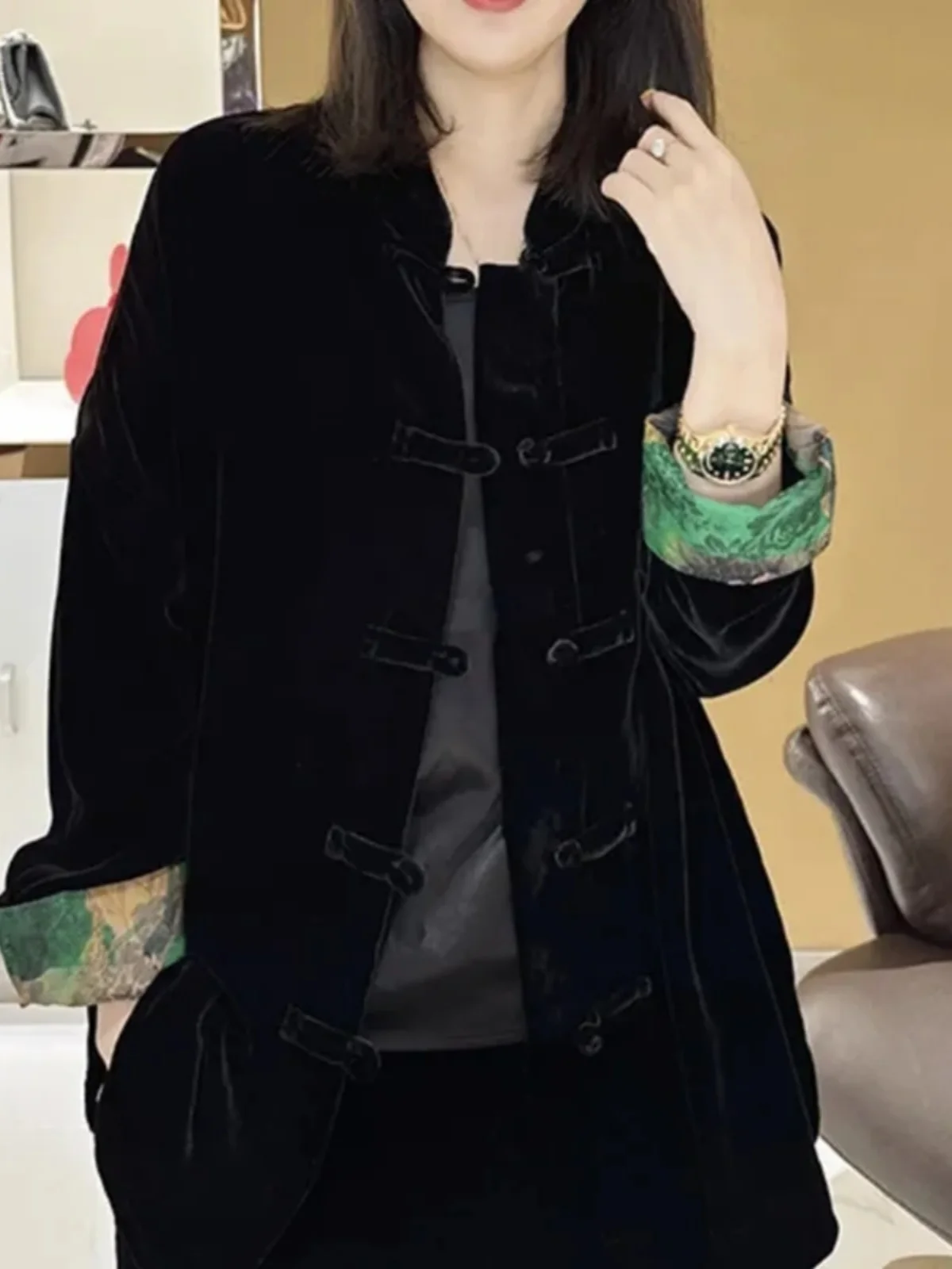 Китайский Sle ретро воротник-стойка с пряжкой бархатный кардиган верхняя одежда