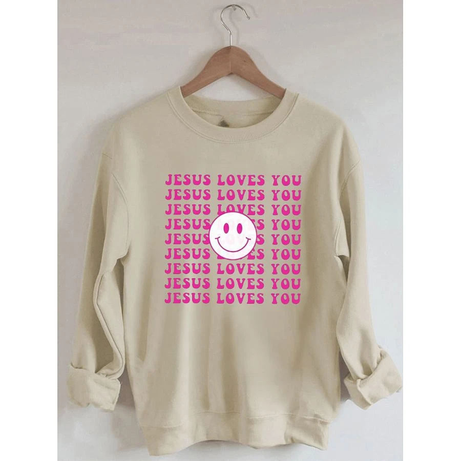 

Rheaclot JESUS LOVES YOU Unisex Print Women's Retro Vintage Cotton Long Sleeves Sweatshirt