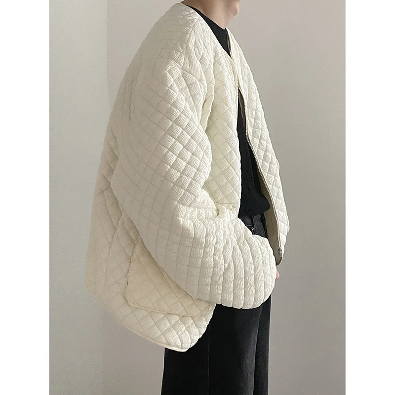 Winter Jacket Men Warm Fashion Casual Beige Black Plaid Jackets Men Korean Loose O Neck Short Coat Mens Parker Clothes M-XL