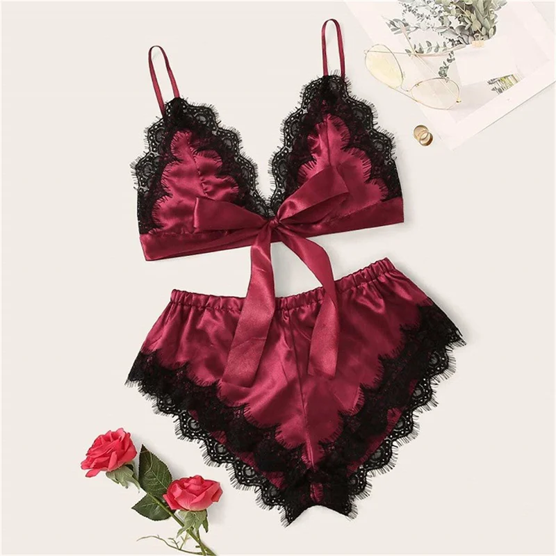 Sexy Bra Set Women's Pajamas Sleeveless with Lace Satin Halter Tops Pajama Sets Bra Women's Panty Set