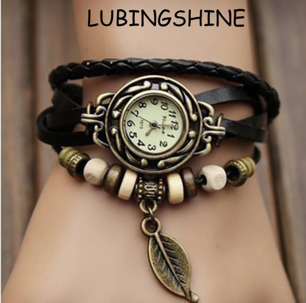 

LUBINGSHINE Men's Wristwatches Vintage Leaf Pendant Watch Fashion Braided Leather Charms Bracelet Bangle