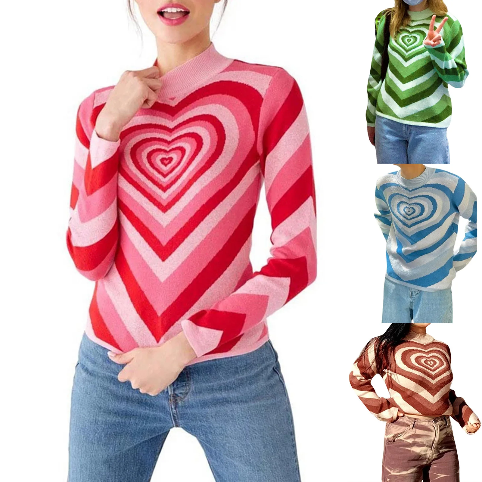 

Women Knitted Sweater Long Sleeve Y2K Heart Sweater Crew Neck Pullover Y2K Casual Loose Sweaters Aesthetic Streetwear Tops