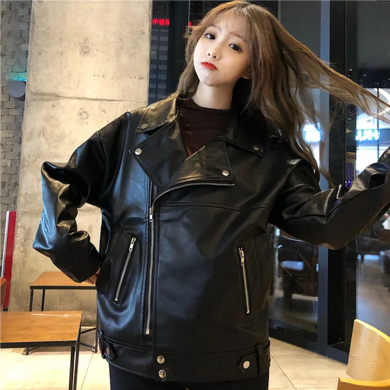 Spring Autumn Faux Leather Jacket Women Casual PU Loose Motorcycle Jackets Female Streetwear Oversized Coat Korean black top