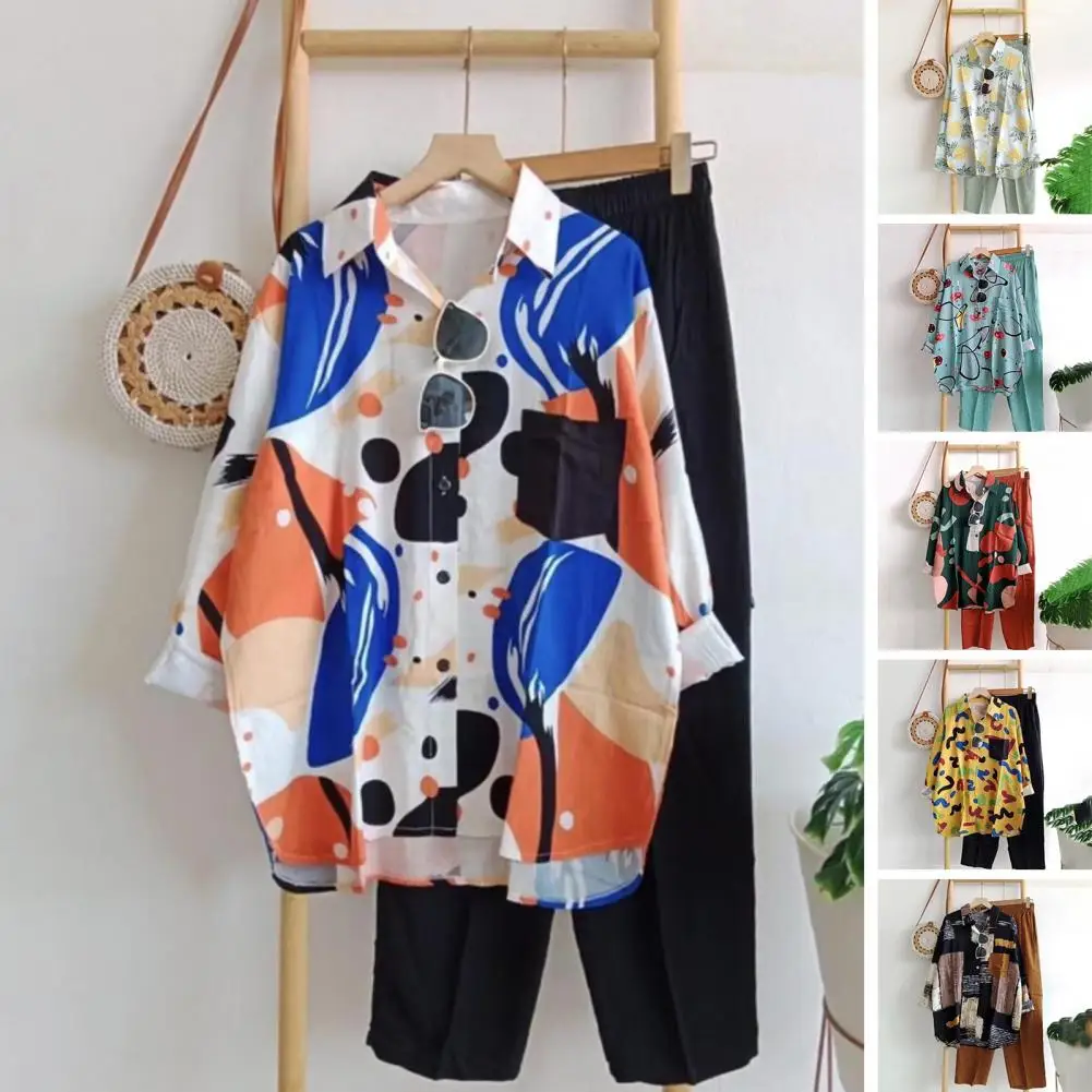 

2Pcs Women Cotton Linen Shirt Pant Set Single-breasted Cardigan Loose Graffiti Print Spring Blouse Trouser Suit Outifits Clothes